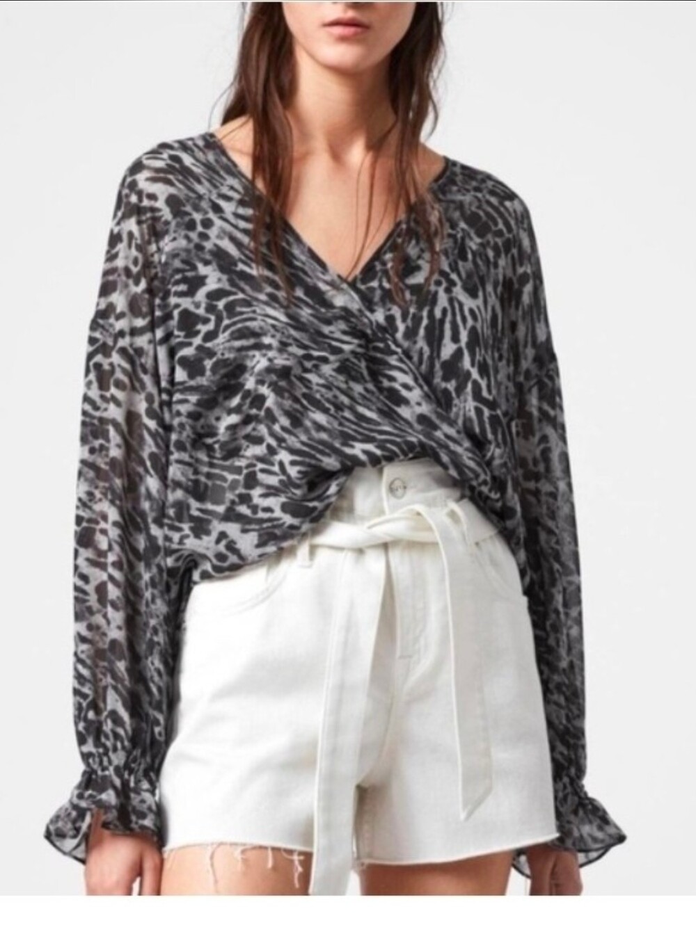 All Saints Black & Gray Sheer Penny Animal-Print Blouse